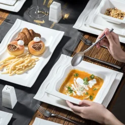 MALACASA, Serie Mario, 28-teilig Kombiservice Aus Porzellan Geschirrset Mit Je 6 Schalen, 6 Dessertteller, 6 Suppenteller, 6 Speiseteller, 2 Rechteckige Platten Und 2 Salz- Und Pfefferdosen -Küchenzubehör 00848828380ea1cc516743136899276b