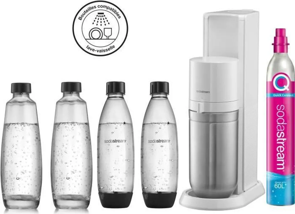 SODASTREAM DUOBICB - Weiße DUO-Maschine Pack 4 Flaschen (2 DUO-Dekanter + 2 Fuse LV) + 1 CQC-Austauschzylinder 1 SODASTREAM DUOBICB - Weiße DUO-Maschine Pack 4 Flaschen (2 DUO-Dekanter + 2 Fuse LV) + 1 CQC-Austauschzylinder