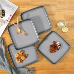 LOVECASA Tafelservice, 4-tlg Set Quadratische Speiseteller Aus Steingut, Flachteller, Frühstücksteller Für 4 Personen, Grau -Küchenzubehör 19761ae9410412a30c62a01b11ff877c