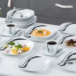 VEWEET, Serie 'Fiona', 100-teilig Porzellan Tafelservice Set, Kombiservice Mit Dessertteller, Speiseteller, Suppenteller, Müslischalen, Kaffeebecher, Kaffeetassen Set, Eierbecher, Milch- Und Zuckerset -Küchenzubehör 1f81b87145a95e42484bef2381e72c3a