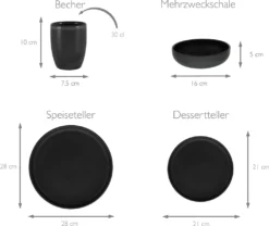CreaTable 22979 Tafelservice Uno BLACK Für 4 Personen, Steinzeug, Schwarz (1 Set, 12-teilig) -Küchenzubehör 209f99090b0c0f946e68af9b88ba885e