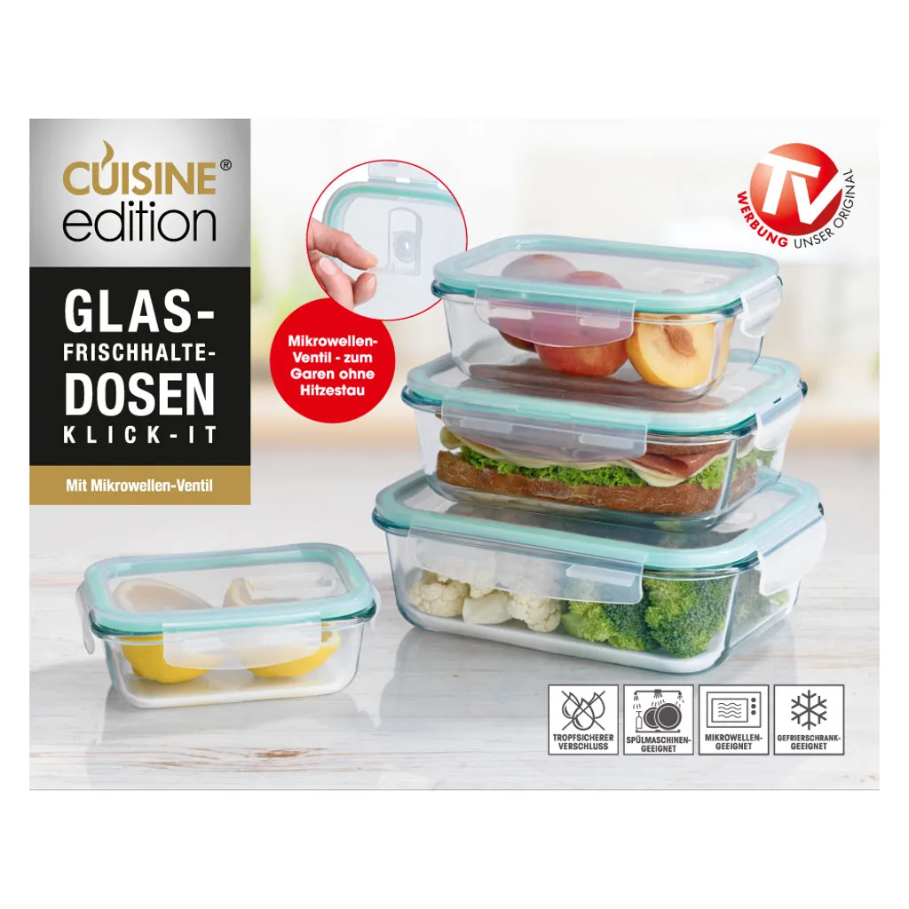 Cuisine Edition Klick-it Glas-Frischhaltedosen Set 8-tlg. Mint, 4 Glasschüsseln Mit Passendem Deckel Mit Mikrowellenventil, Geeignet Für Backofen, Mikrowelle & Gefrierfach, BPA-frei 7 Cuisine Edition Klick-it Glas-Frischhaltedosen Set 8-tlg. Mint, 4 Glasschüsseln Mit Passendem Deckel Mit Mikrowellenventil, Geeignet Für Backofen, Mikrowelle & Gefrierfach, BPA-frei – Bild 7