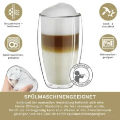 Creano Doppelwandiges Thermoglas 400ml „DG-SH“, Großes Doppelwandglas Aus Borosilikatglas, Doppelwandige Kaffeegläser, Teegläser, Latte Gläser 4er Set -Küchenzubehör 2ecdda508f42387e30018273a280ba5e