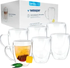 Wessper Doppelwandig Kaffeegläser Mit Henkel, 6 Stück X 350 Ml, Großes Hitzebeständiges Doppelwandglas, Thermogläser, Kaffeegläser Temperaturbeständig Mokkatassen, Teegläser, Latte Machiatto Gläser