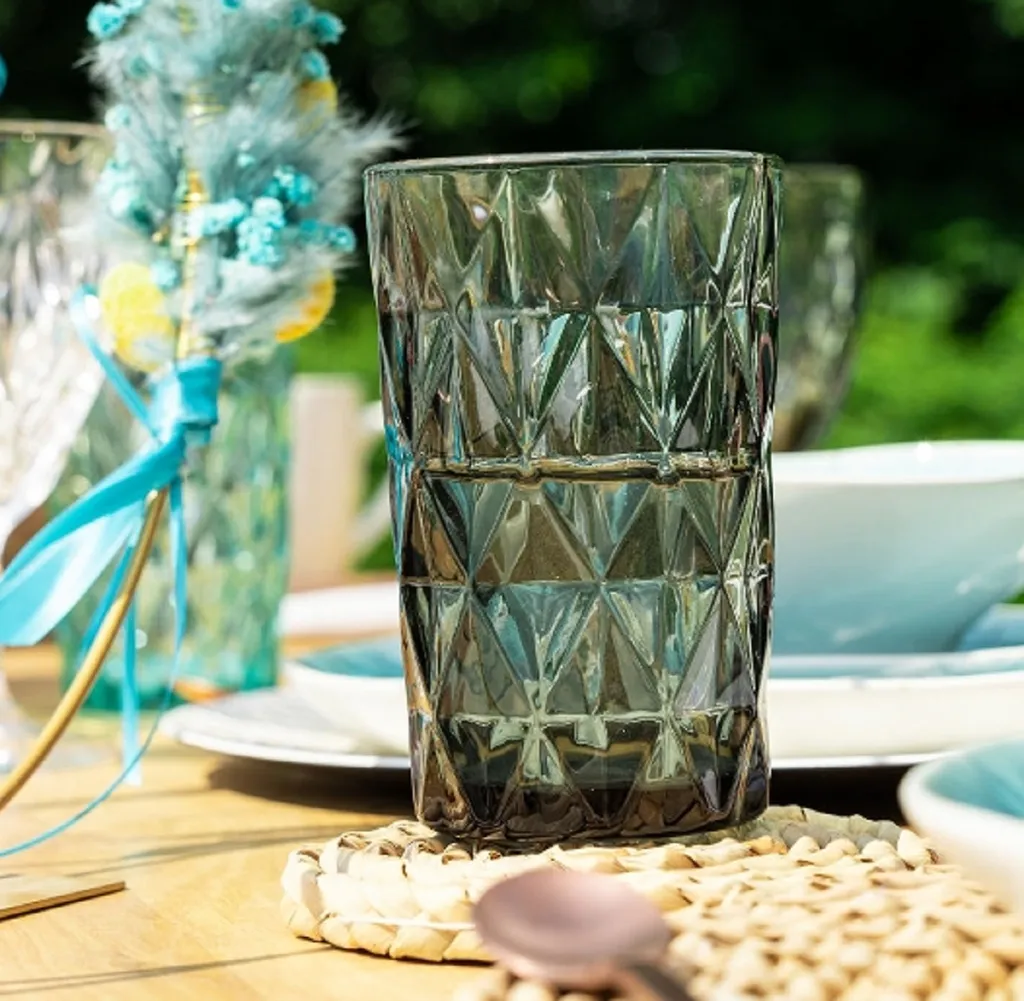 Longdrinkglas MADISON Grau Anthrazit Trinkglas Mit Rautenmuster Retro 2 Longdrinkglas MADISON Grau Anthrazit Trinkglas Mit Rautenmuster Retro – Bild 2