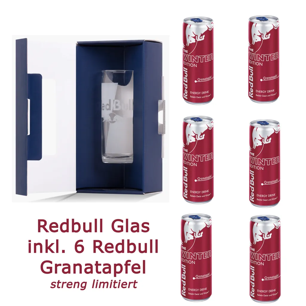 Red Bull Glas Inkl. 6 Dosen Redbull Granatapfel Winter Edition 2021 Sammlerset 1 Red Bull Glas Inkl. 6 Dosen Redbull Granatapfel Winter Edition 2021 Sammlerset