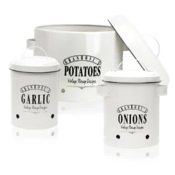 Klarstein Granrosi Georgia Vorratsbehälter Vorratstopf 3er-Set , Knoblauchtopf, Zwiebeltopf, Kartoffeltopf , Emaille-Stahlblech , Rostfrei , Lüftungsöffnungen , Vintage-Design , Creme -Küchenzubehör 520a6bd88b56bc2eb3d3dea589fddd2a