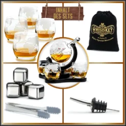 Whisiskey - Whisky Karaffe - Geschenke Für Männer - Komplette Whiskey Set - Globus - 900ML – Inkl. 4 Whisky Steine, 4 Whisky Gläser & Ausgießer - Whisky Dekanter – Whiskygläser - Natursteine -Küchenzubehör 5925e7c4ae6b11b2dd1ff824ec6d6a7b