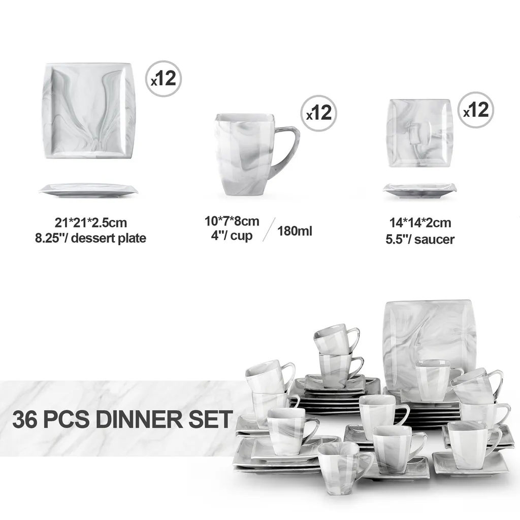 MALACASA, Serie Blance, 36 Tlg. Set Marmor Porzellan Kaffeeservice Geschirrset, Mit 12 Stück Kuchenteller, 12 Stück 180ml Tasse Und 12 Stück Untertasse Für 12 Personen 2 MALACASA, Serie Blance, 36 Tlg. Set Marmor Porzellan Kaffeeservice Geschirrset, Mit 12 Stück Kuchenteller, 12 Stück 180ml Tasse Und 12 Stück Untertasse Für 12 Personen – Bild 2