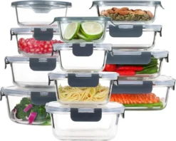 PIE LOCK Frischhaltedosen Set 24 Teilig - Frischhalte Dosen Glasdose Eckig Vorratsdosen - In Transparent Mit Grau Mikrowellengeeignete Frischhaltedose Essensbox Für Lebensmittel BPA-Frei -Küchenzubehör 6a3918511b83b5ac96d459157c7e09ad