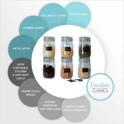 6 X Creative Home Gläser Mit Bügelverschluss | 1 Liter | Einmachgläser Drahtbügel-glas Aufbewahrungsgläser Mit Gummiring Und Deckel | 8 Wiederverwendbare Aufkleber + 1 Anti-Staub-Kreide -Küchenzubehör 6c8742ae18b7b5eb680c2c925d1634ba