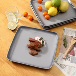 LOVECASA Tafelservice, 4-tlg Set Quadratische Speiseteller Aus Steingut, Flachteller, Frühstücksteller Für 4 Personen, Grau -Küchenzubehör 7a58051b32b351884f0d94a56d64a9aa