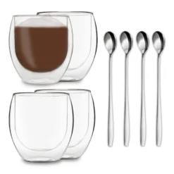 DUOS 4X 410ml Jumbo Doppelwandige Thermo-Gläser + 4X Edelstahl-LÖFFEL, Für Latte Macchiato, Cocktails, Vorspeisen By Feelino