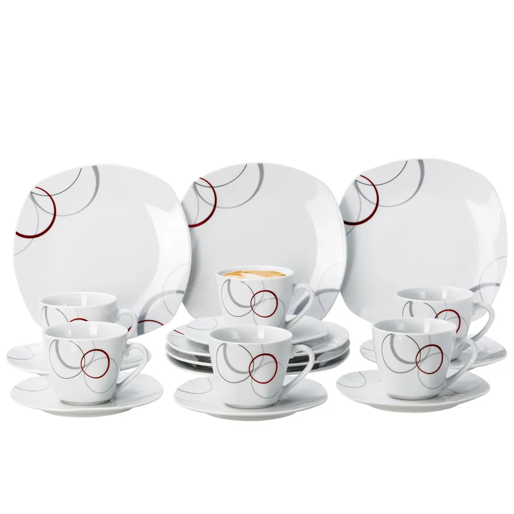 Kaffeeservice Palazzo 18tlg. - Weiß MitNachbildung-Kreisen In Grau Und Dunkelrot - Für 6 Personen 1 Kaffeeservice Palazzo 18tlg. - Weiß MitNachbildung-Kreisen In Grau Und Dunkelrot - Für 6 Personen