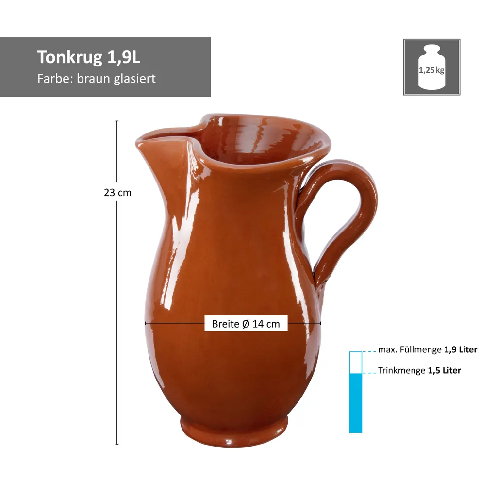 7tlg.-Set: Tonkrug 1.9L + 6 Tonbecher 175ml Ton-Geschirr Rotbraun Glasiert Servier-Kanne Tassen 2 7tlg.-Set: Tonkrug 1.9L + 6 Tonbecher 175ml Ton-Geschirr Rotbraun Glasiert Servier-Kanne Tassen – Bild 2