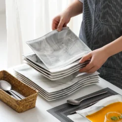 MALACASA, Serie Flora, Marmor Porzellan Tafelservice 12 Teiligen Set Kombiservice Geschirrset Mit Je 6 Speiseteller Und 6 Suppenteller Für 6 Personen -Küchenzubehör a64e7dc2a890c019d4897fbdaa1edb3b