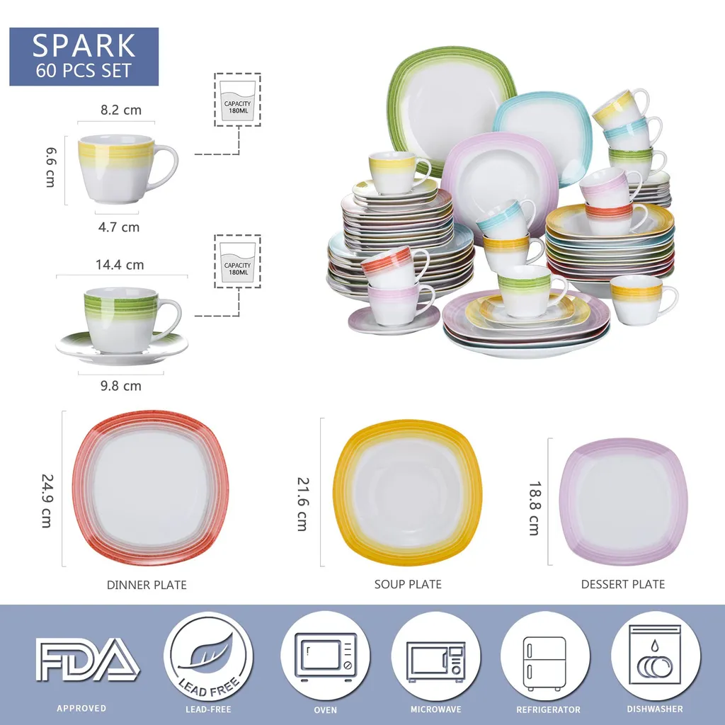 VEWEET Tafelservice 'SPARK' Aus Porzellan, 60-tlg Kombiservice, Kaffeetassen, Untertasse, Dessertteller, Speiseteller Und Suppenteller, Komplettservice Für 12 Personen 2 VEWEET Tafelservice 'SPARK' Aus Porzellan, 60-tlg Kombiservice, Kaffeetassen, Untertasse, Dessertteller, Speiseteller Und Suppenteller, Komplettservice Für 12 Personen – Bild 2