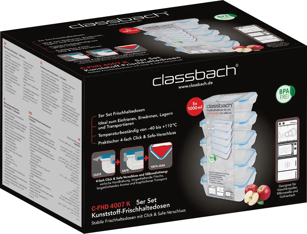 Classbach® 5er-Set Kunststoff-Frischhaltedosen Mit Deckel 100% Dicht, Lunchbox Brotdose Meal Prep Boxen Mit Deckel, Vorratsdosen Geeignet F. Spülmaschine, Mikrowelle Und Gefrierfach C-FHD 4007 K 8 Classbach® 5er-Set Kunststoff-Frischhaltedosen Mit Deckel 100% Dicht, Lunchbox Brotdose Meal Prep Boxen Mit Deckel, Vorratsdosen Geeignet F. Spülmaschine, Mikrowelle Und Gefrierfach C-FHD 4007 K – Bild 8