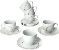 Van Well 18tlg. Kaffee-Service Home Für 6 Personen I 6x Tasse 180ml, 6x Untertasse + 6x Kuchenteller I Porzellan-Geschirr Mit Streifen In Grau, Schwarz & Creme I Kaffeepott, Dessert-Teller -Küchenzubehör caf512b146906008b2f9a9747a800b61