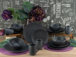 CreaTable 23145 Kombiservice Soft Touch Black Für 4 Personen, Steinzeug, Schwarz (1 Set, 16-teilig)