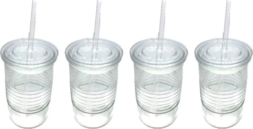 Glasbecher Mit Deckel & Glashalm, 4er Set 440 Ml, Spülmaschinenfest, Trinkglas, Transparent 1 Glasbecher Mit Deckel & Glashalm, 4er Set 440 Ml, Spülmaschinenfest, Trinkglas, Transparent