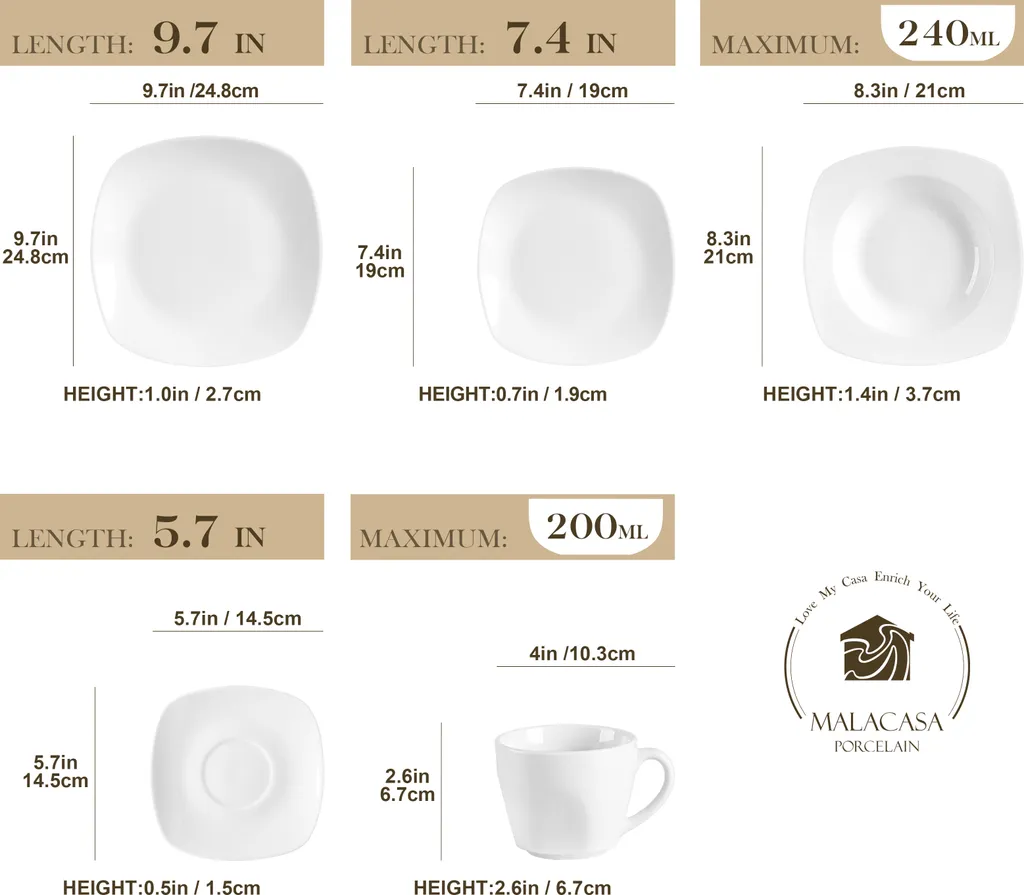 MALACASA, Serie Elisa, 60 Tlg. Porzellan Tafelservice Geschirrset Mit 12 Kaffeetassen, 12 Untertassen, 12 Dessertteller, 12 Suppenteller, 12 Essteller 2 MALACASA, Serie Elisa, 60 Tlg. Porzellan Tafelservice Geschirrset Mit 12 Kaffeetassen, 12 Untertassen, 12 Dessertteller, 12 Suppenteller, 12 Essteller – Bild 2