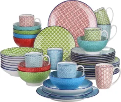 Kombiservice Porzellan, Vancasso Tafelservice Bunt, MACARON 40 Teilig Geschirrset, Mit Je 8 Speiseteller, Dessertteller, Müslischalen, Suppenteller Und Kaffeebecher Für 8 Personen