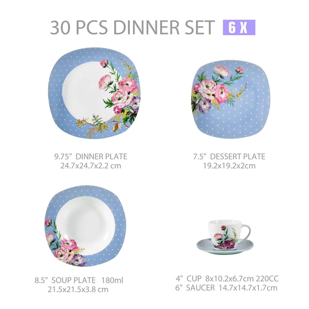 VEWEET 30-teilig Porzellan Tafelservice, Serie 'Hannah', Kombiservice Für 6 Personen, Blau Mit Floral Dekoration 3 VEWEET 30-teilig Porzellan Tafelservice, Serie 'Hannah', Kombiservice Für 6 Personen, Blau Mit Floral Dekoration – Bild 3
